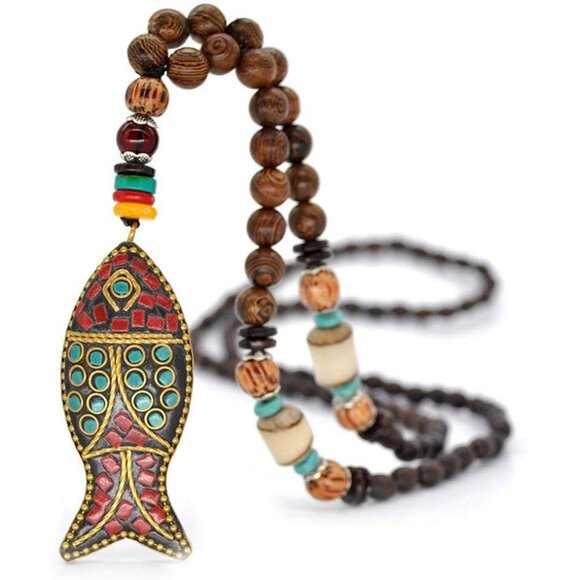 Vintage Handmade Turquoise Wood Beads Necklace for Women, 31.5'' Length, Unique - Picture 1 of 3